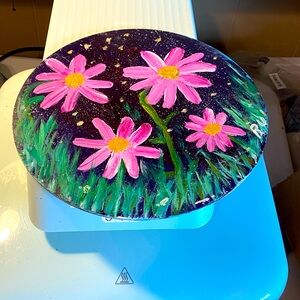 Double sided acrylic painting on a wood circle bored